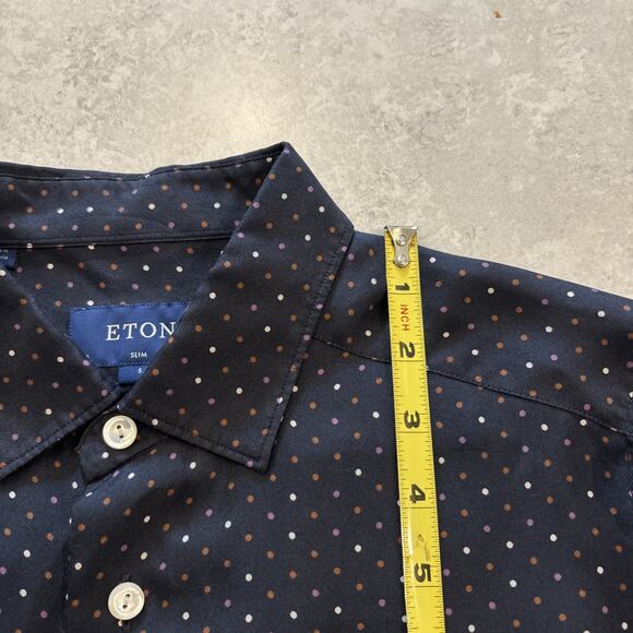 Eton Navy Silk Twill Shirt Pin Polka Dots Slim Fit Dress 38/15 Long Sleeve - Picture 8 of 9